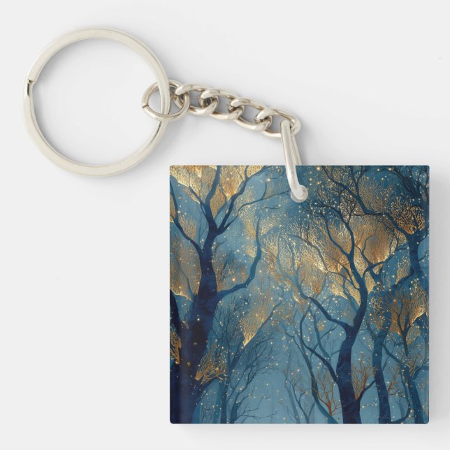 Enchanted Winter Forest with Glowing Golden Trees Key Ring (Front)