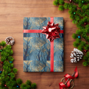 Enchanted Winter Forest with Glowing Golden Trees Wrapping Paper