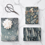 Enchanted Winter Night: Elegant Christmas Set of 3 Wrapping Paper Sheet<br><div class="desc">Elevate your holiday gift wrapping with this exquisite 3-flat-sheet set featuring larger, striking patterns perfect for showcasing your presents. This collection includes a snowy forest under a serene night sky, delicate snowflakes swirling in an elegant winter breeze, and a festive design with stylised pinecones, holly, and berries. The cohesive muted...</div>