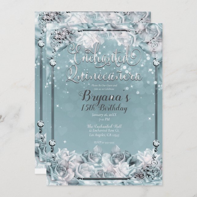 Enchanted Winter Roses Silver White Quinceañera  Invitation (Front/Back)