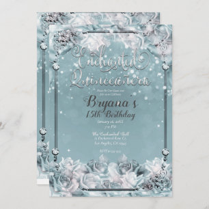 Enchanted Winter Roses Silver White Quinceañera  Invitation