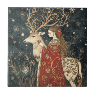 Enchanted Winter: The Maiden and the Stag Ceramic Tile