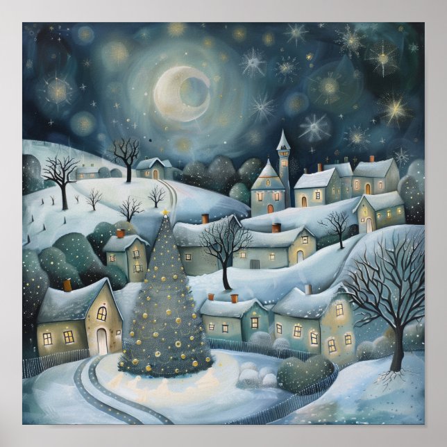 Enchanted Winter Village at Night AI Art Poster (Front)