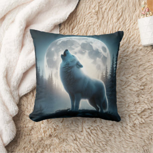 Enchanted Wolf Howls at Moonlight. Cushion