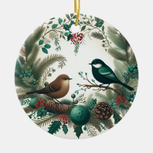 Enchanted Woodland Birds and Boughs Ceramic Ornament (Front)