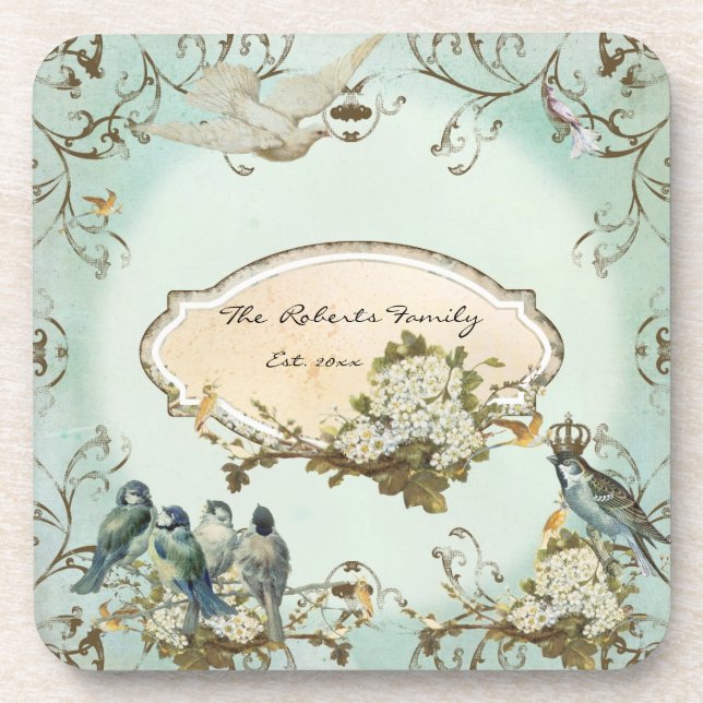 Enchanted Woodland Birds Dove Swirl Personalised Coaster (Front)