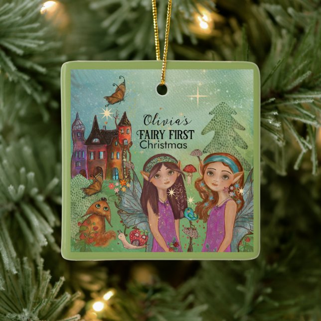 Enchanted Woodland Fairy First Christmas Ceramic Ornament (Tree)