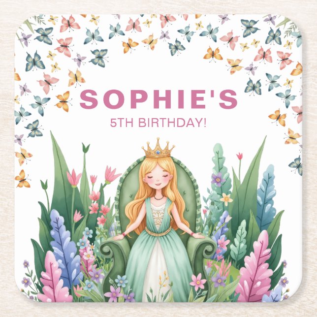 Enchanted Woodland Fairy Princess Birthday Square Paper Coaster (Front)