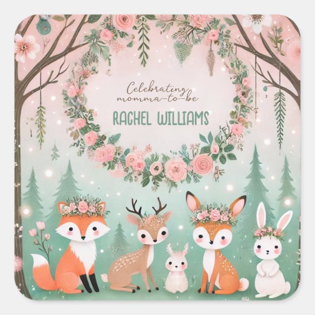 Enchanted Woodland Forest Creatures Baby Shower Square Sticker (Front)