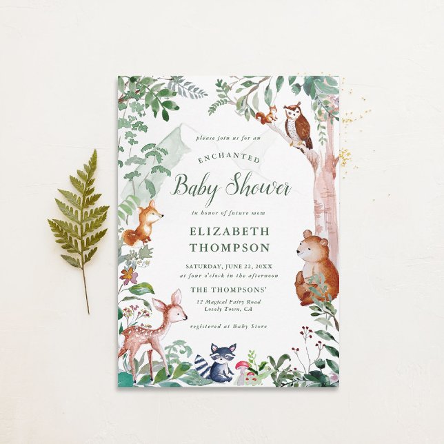 Enchanted Woodland Forest Neutral Cute Baby Shower Invitation (woodland baby shower invitation neutral enchanted forest bear fox deer magical woods fairy tale)