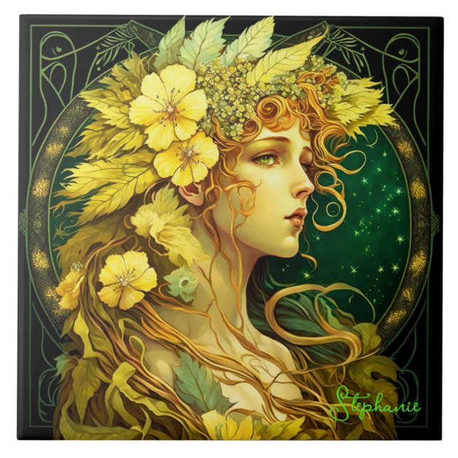 Enchanted Yellow Flowers Forest Fairy Fantasy Ceramic Tile (Front)