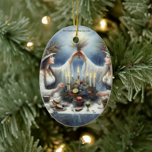 Enchanted Yule Celebration Flat Holiday Card Ceramic Ornament (Tree)