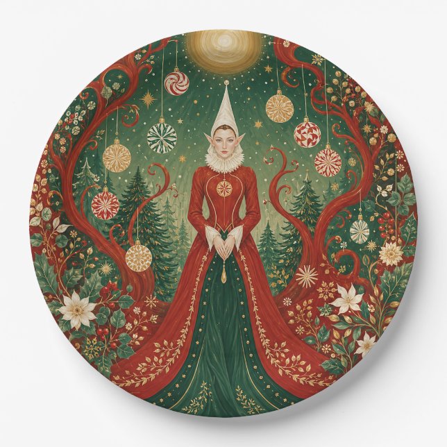 Enchanted Yuletide Forest Elf Queen Paper Plate (Front)
