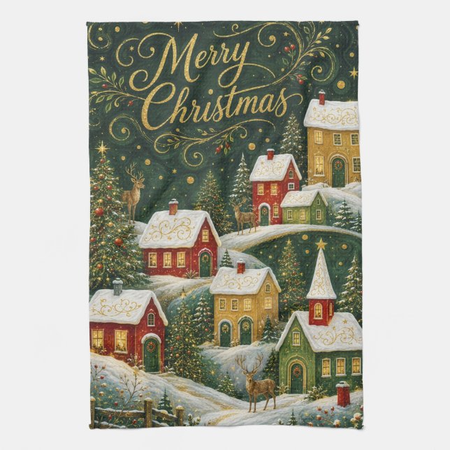 Enchanted Yuletide Village Tea Towel (Vertical)