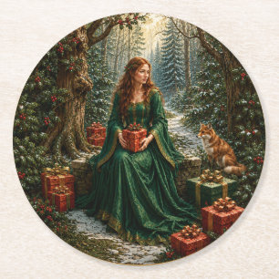 Enchanted Yuletide Woodland Round Paper Coaster