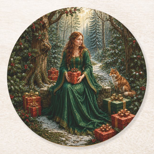 Enchanted Yuletide Woodland Round Paper Coaster (Front)