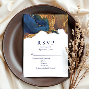 Enchanting Abstract Blue Gold Wedding RSVP Card