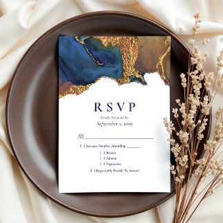 Enchanting Abstract Blue Gold Wedding RSVP Card