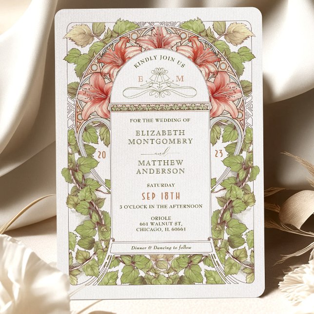 Enchanting Amaryllis Art Nouveau Wedding Invitation (Creator Uploaded)