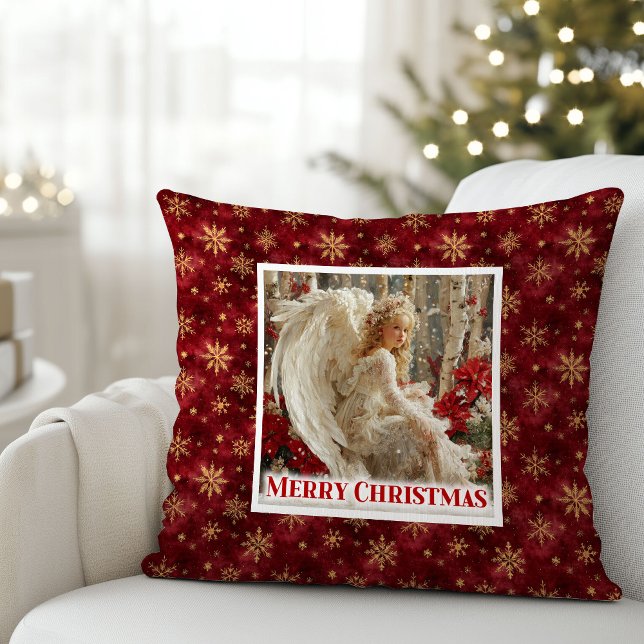 Enchanting Angel Red Gold Cozy Christmas Gift   Cushion (Enchanting Angel Red Gold Cozy Christmas Gift Pillow)