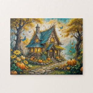 Enchanting Autumn Cottage with Pumpkins Jigsaw Puzzle