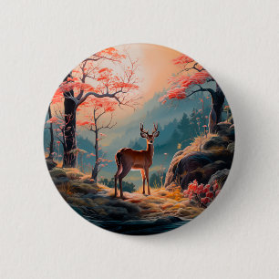 Enchanting Autumn Deer Forest Scene Design 6 Cm Round Badge