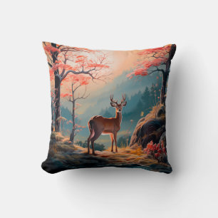 Enchanting Autumn Deer Forest Scene Design Cushion