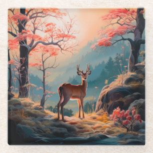 Enchanting Autumn Deer Forest Scene Design Glass Coaster