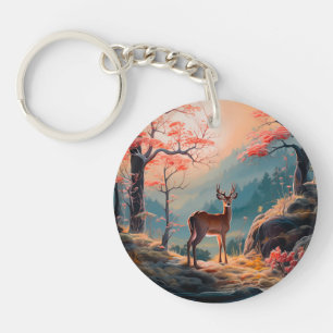 Enchanting Autumn Deer Forest Scene Design Key Ring