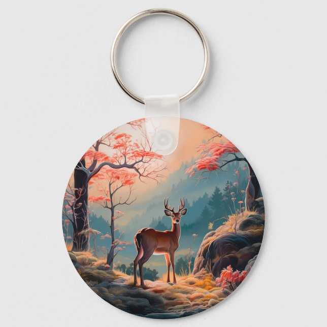 Enchanting Autumn Deer Forest Scene Design Key Ring (Front)