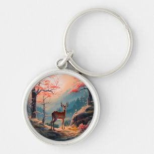 Enchanting Autumn Deer Forest Scene Design Key Ring