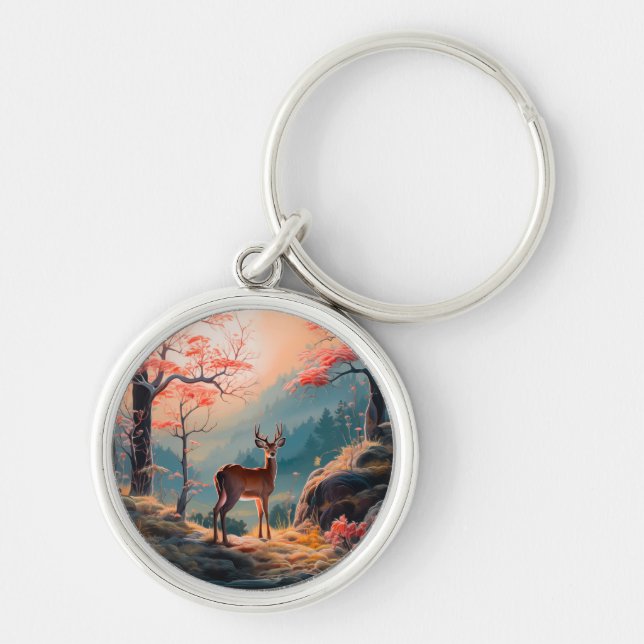 Enchanting Autumn Deer Forest Scene Design Key Ring (Front)
