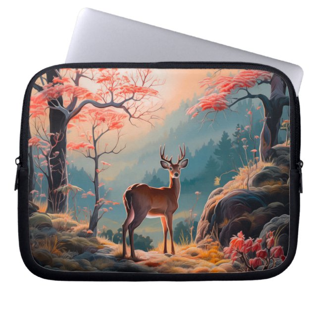 Enchanting Autumn Deer Forest Scene Design Laptop Sleeve (Front)