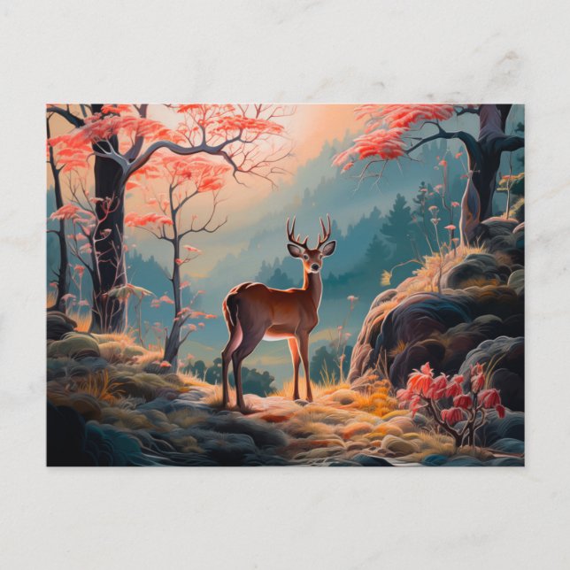 Enchanting Autumn Deer Forest Scene Design Postcard (Front)