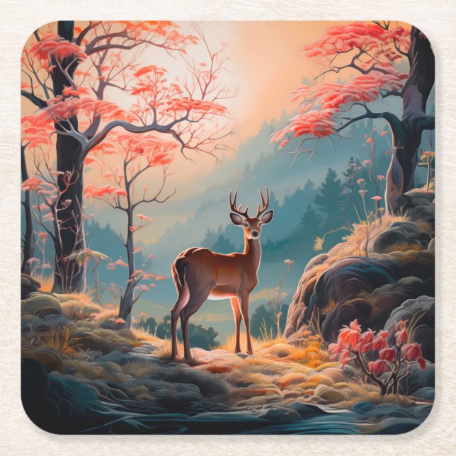 Enchanting Autumn Deer Forest Scene Design Square Paper Coaster (Front)