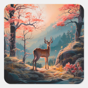 Enchanting Autumn Deer Forest Scene Design Square Sticker