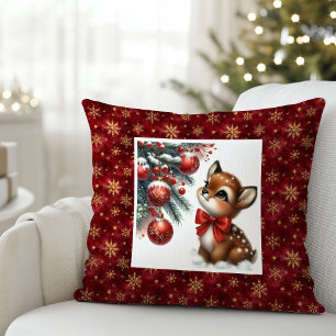 Enchanting baby fawn snowy forest Christmas pillow