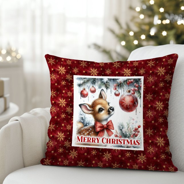 Enchanting baby fawn snowy forest scene Christmas  Cushion (Enchanting baby fawn snowy forest scene Christmas pillow)