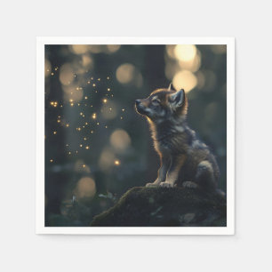 Enchanting Baby Wolf Watching Fireflies Napkin