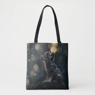 Enchanting Baby Wolf Watching Fireflies Tote Bag