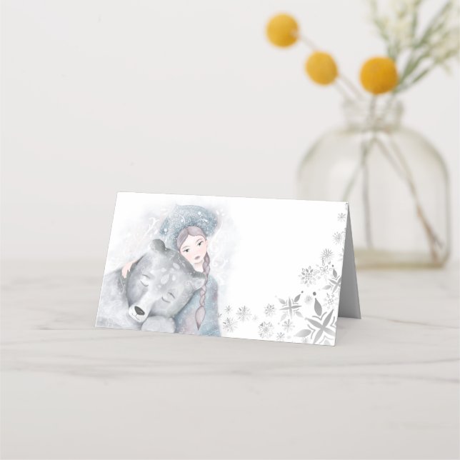 Enchanting bear and girl snowflake festive  place card (Front)