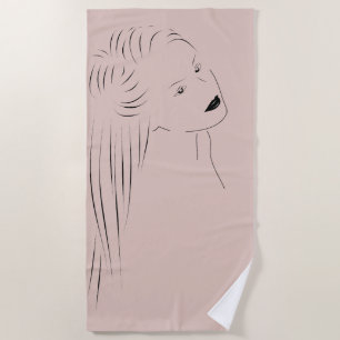 Enchanting Black Line Art Female Visual Beach Towel