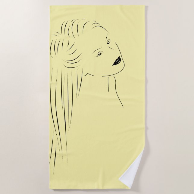 Enchanting Black Line Art Female Visual Beach Towel (Front)