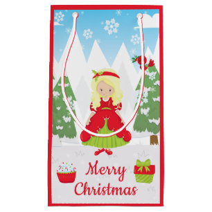 Enchanting Blonde Christmas Girl with Winter Scene Small Gift Bag