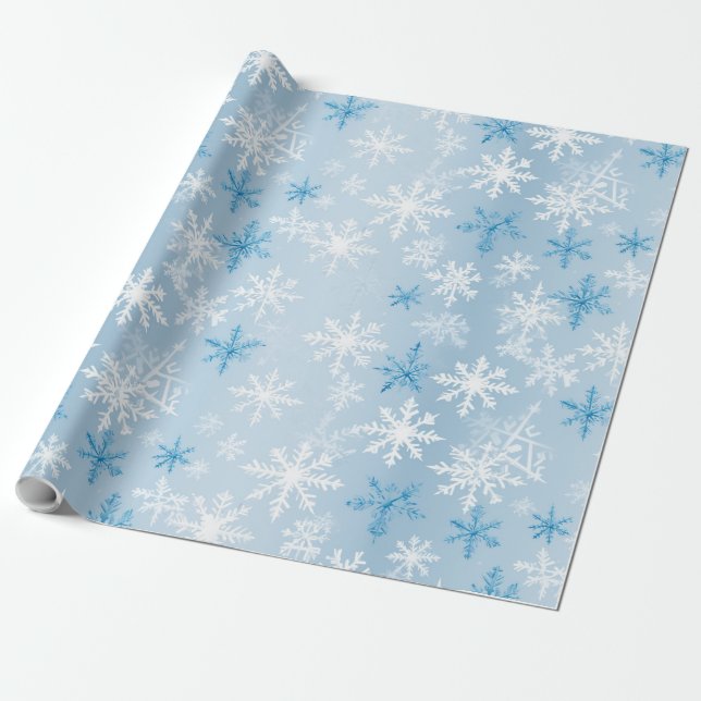 Enchanting Blue and White Winter Snowflake Pattern Wrapping Paper (Unrolled)