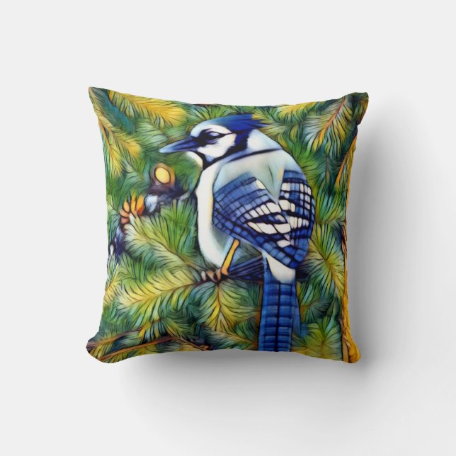Enchanting Blue Jay Print Cushion (Front)