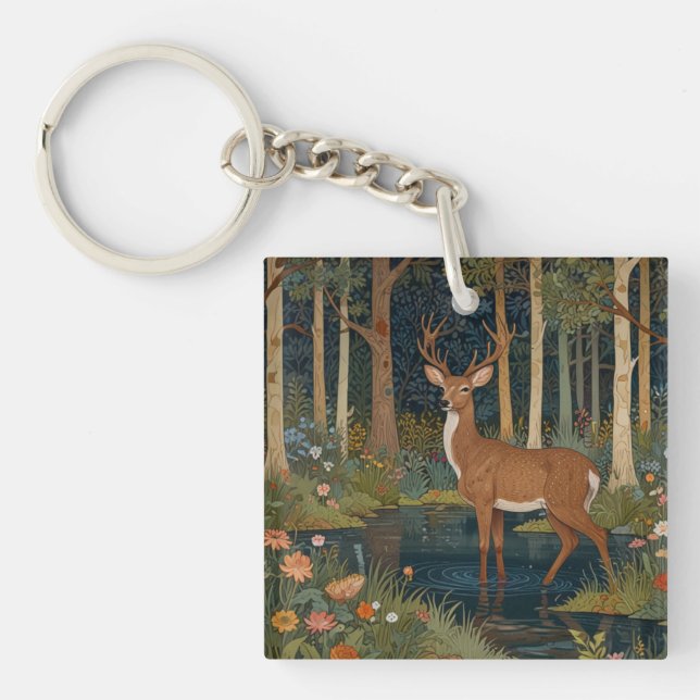 Enchanting boho rustic forest woodland deer art key ring (Front)