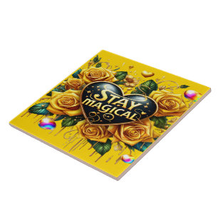 Enchanting Bouquet of Golden Roses And Heart Ceramic Tile