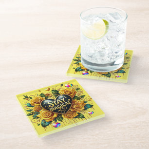 Enchanting Bouquet of Golden Roses And Heart Glass Coaster