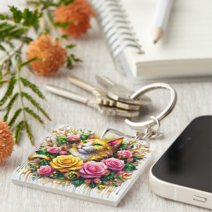 Enchanting Bouquet of Golden Roses And Heart  Key Ring